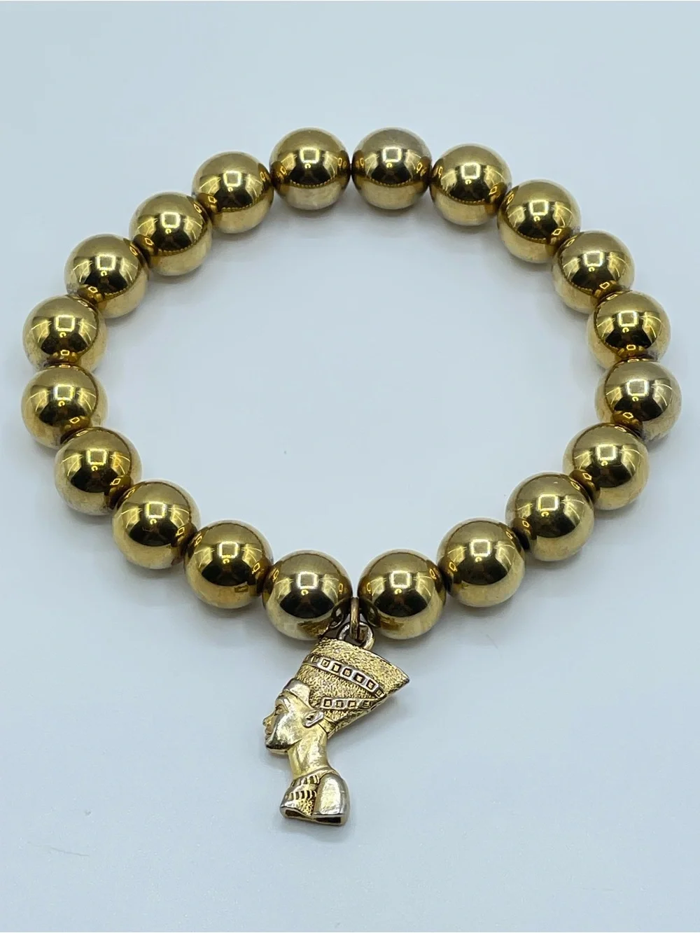 Gold Tone Nefertiti Charm Beaded Stretch Bracelet Egyptian Style
